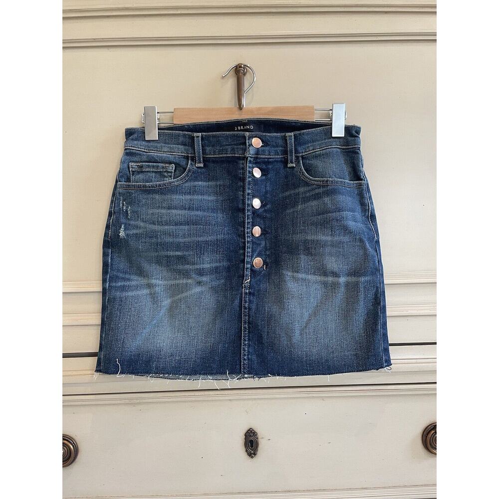 J Brand Rosalie Mini‎ Denim Skirt Raw Hem Rose Gold Button Fly Dark Wash Size 28